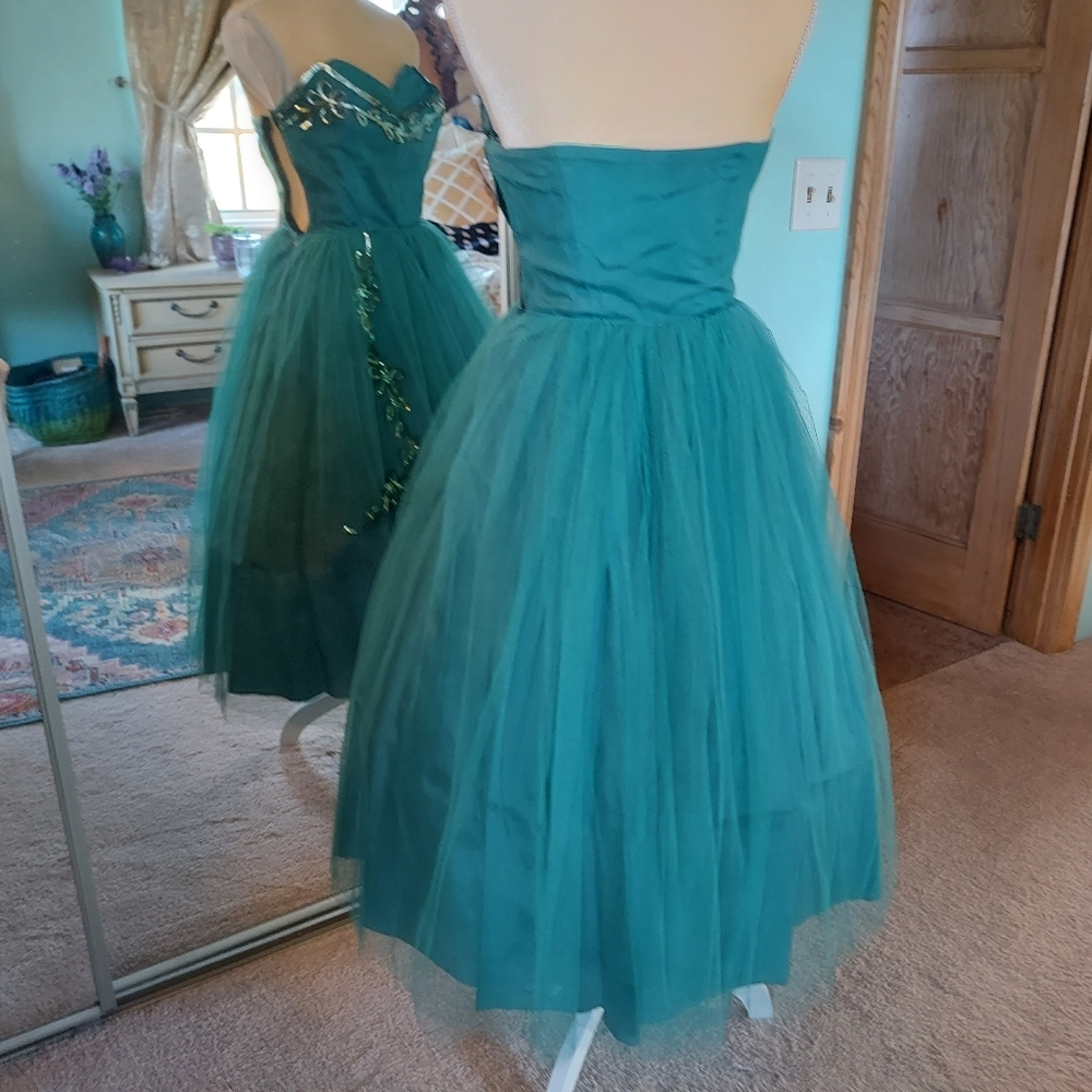 Vintage 50s Strapless Green Tulle Cupcake Dress - Picture 3 of 15